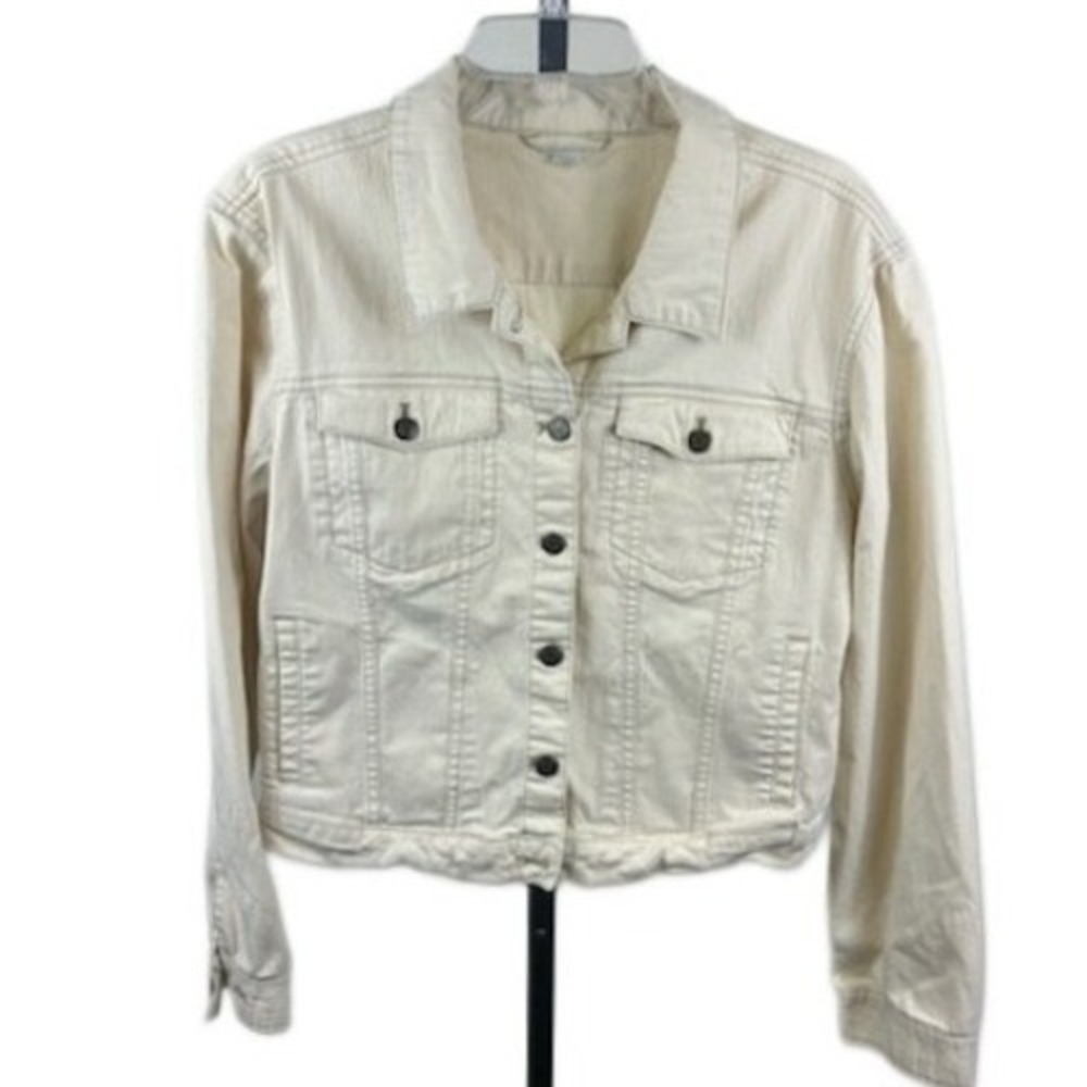 Garnet Hill Cream Denim Jacket‎ Coat Women's Size 12 Button Front Pockets